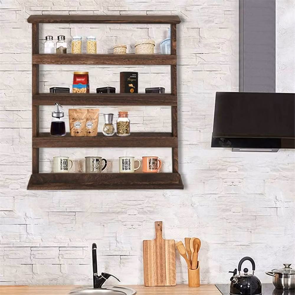 KORVIXA Rustic Brown Wood Floating Spice Rack and Herb Jar Holder, W: 70 cm, H: 65 cm – 3