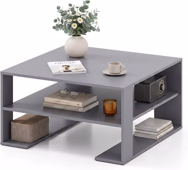 Costway Modern Compact Square Coffee Table with Storage in Grey
