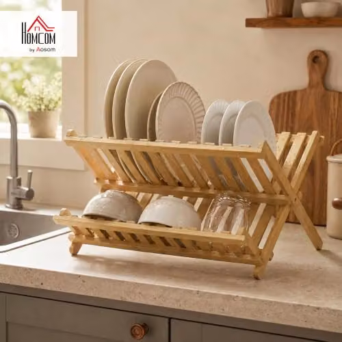HOMCOM 2-Tier Bamboo Kitchen Storage Rack with Slatted Shelves, Natural Wood Finish, W/D/H: 45 x 30.5 x 26 cm – 2