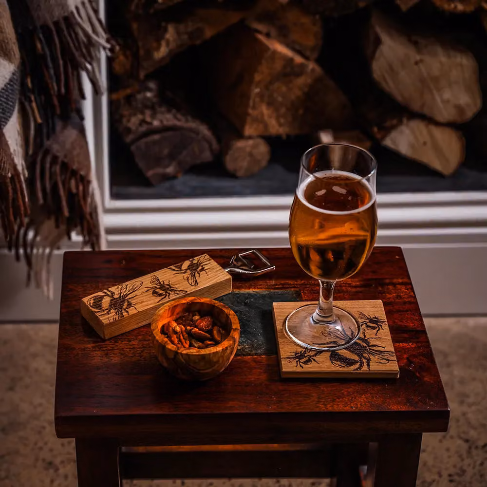Selbrae House Set of 2 Square Oak Coasters with Bee Design in Brown – 2