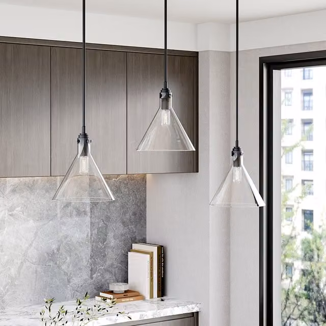 Livingandhome Modern Black Suspended 1-Light Pendant Light with Transparent Cone Glass Lampshade