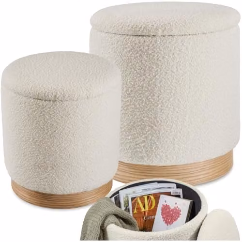 tectake Set of 2 Scandinavian Style Bouclé Fabric Storage Stools in Beige and White, W/D/H: 42 x 38 x 42 cm and 38 x 38 x 42 cm – 1