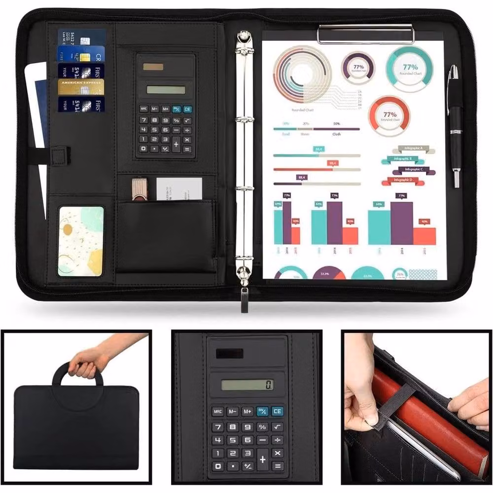 FLAVORA A4 Zipped PU Leather Padfolio Portfolio Folder in Black – 4