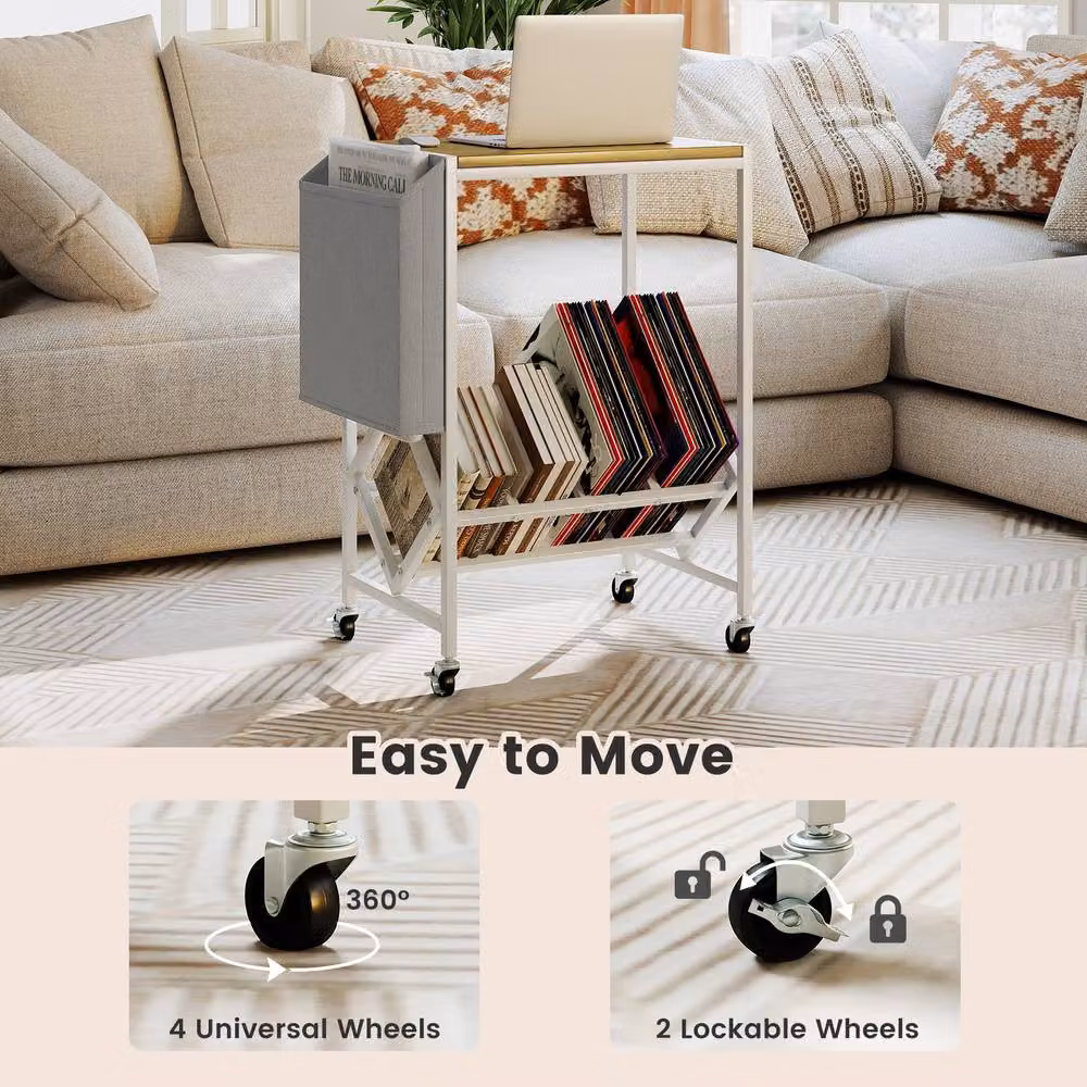 Gymax Rolling Turntable Stand with Vinyl Magazine Holder in Light Khaki – 5