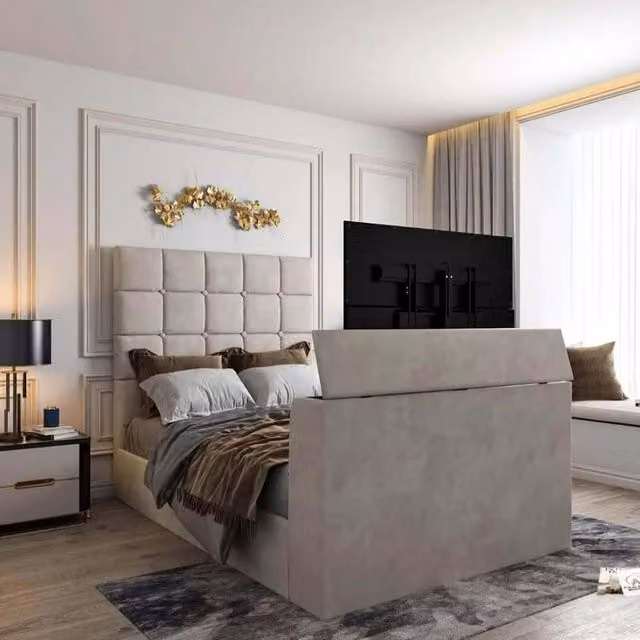 Paradise Beds Modern Upholstered Bespoke TV Bed Frame in Silver Grey Velvet Fabric, Width: 152 cm
