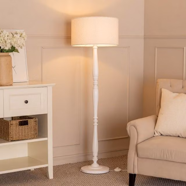 ValueLights Victoria White Wood Candlestick Floor Lamp with Beige Fabric Drum Shade, H 142 cm x W 45 cm x D 45 cm – 2