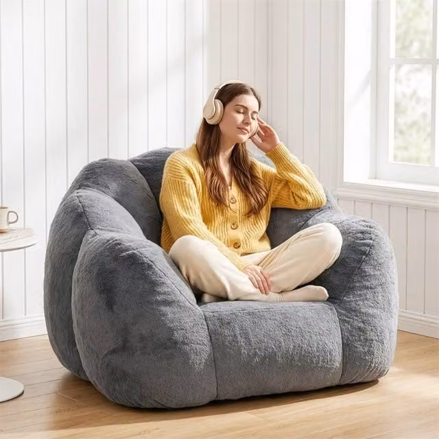 Nordara Grey Floral Faux Fur Bean Bag Chair with Shredded Memory Foam Filling, W/D/H: 110 x 110 x 67 cm – 1