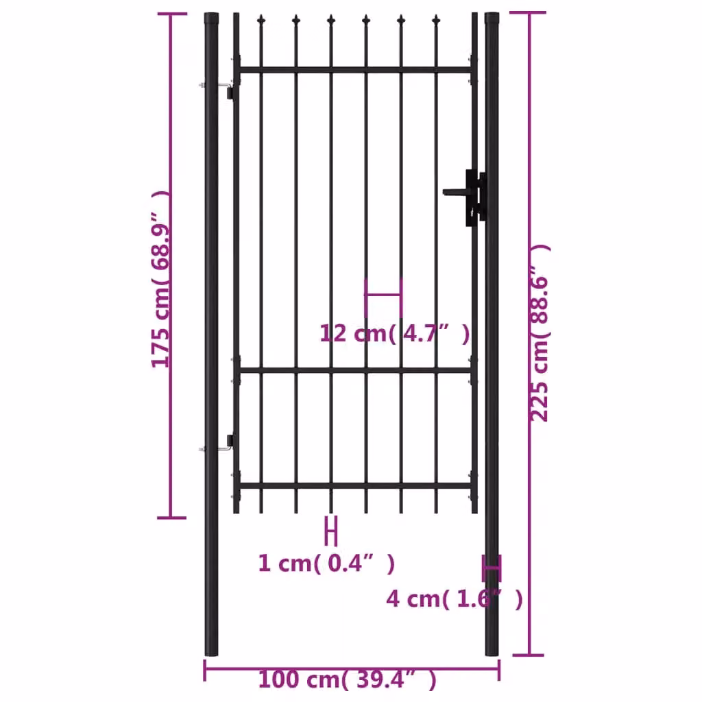 Berkfield Home Black Steel Single Swing Fence Gate with Spike Top, W: 1.0 m, H: 1.75 m – 4