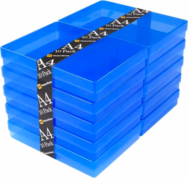 WestonBoxes Set of 10 Blue Plastic A4 Craft Storage Boxes with Lids for Art Supplies and Paper