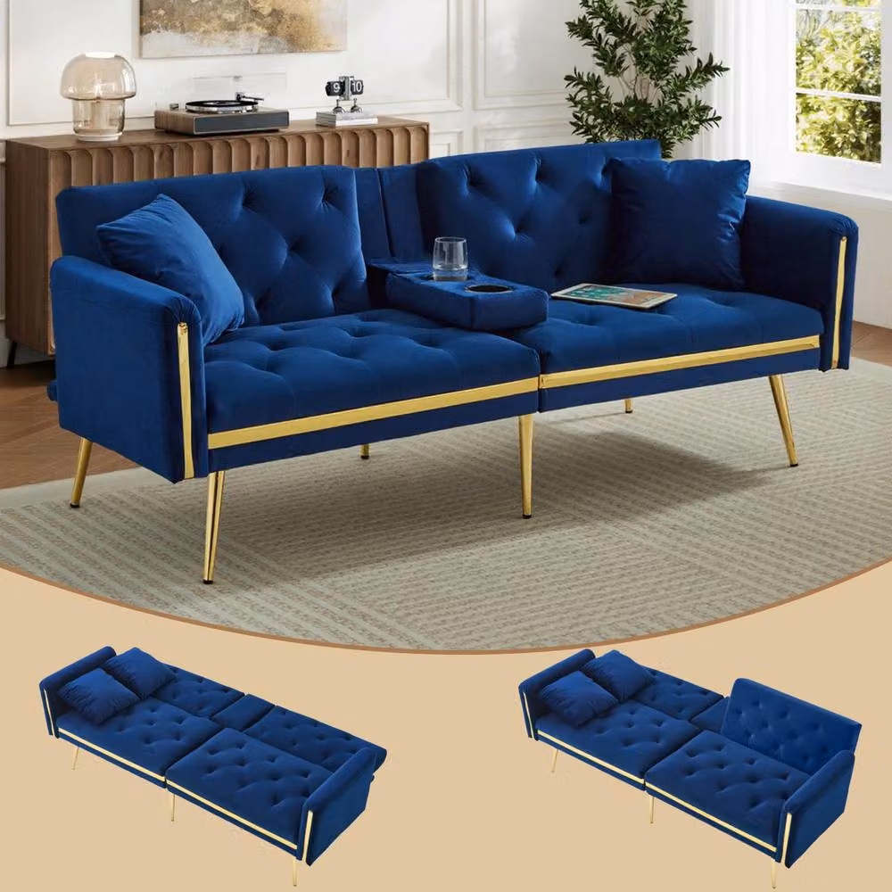 Merax Blue Velvet Sofa Bed with Gold Trim and Fold-Down Cup Holders, W: 174 cm, H: 76 cm, D: 71.5 cm – 3