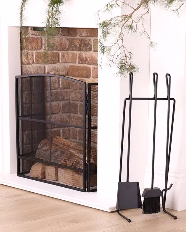 Dibor Contemporary Black Fireside 4pc Freestanding Companion Set with Fire Screen Guard – 3