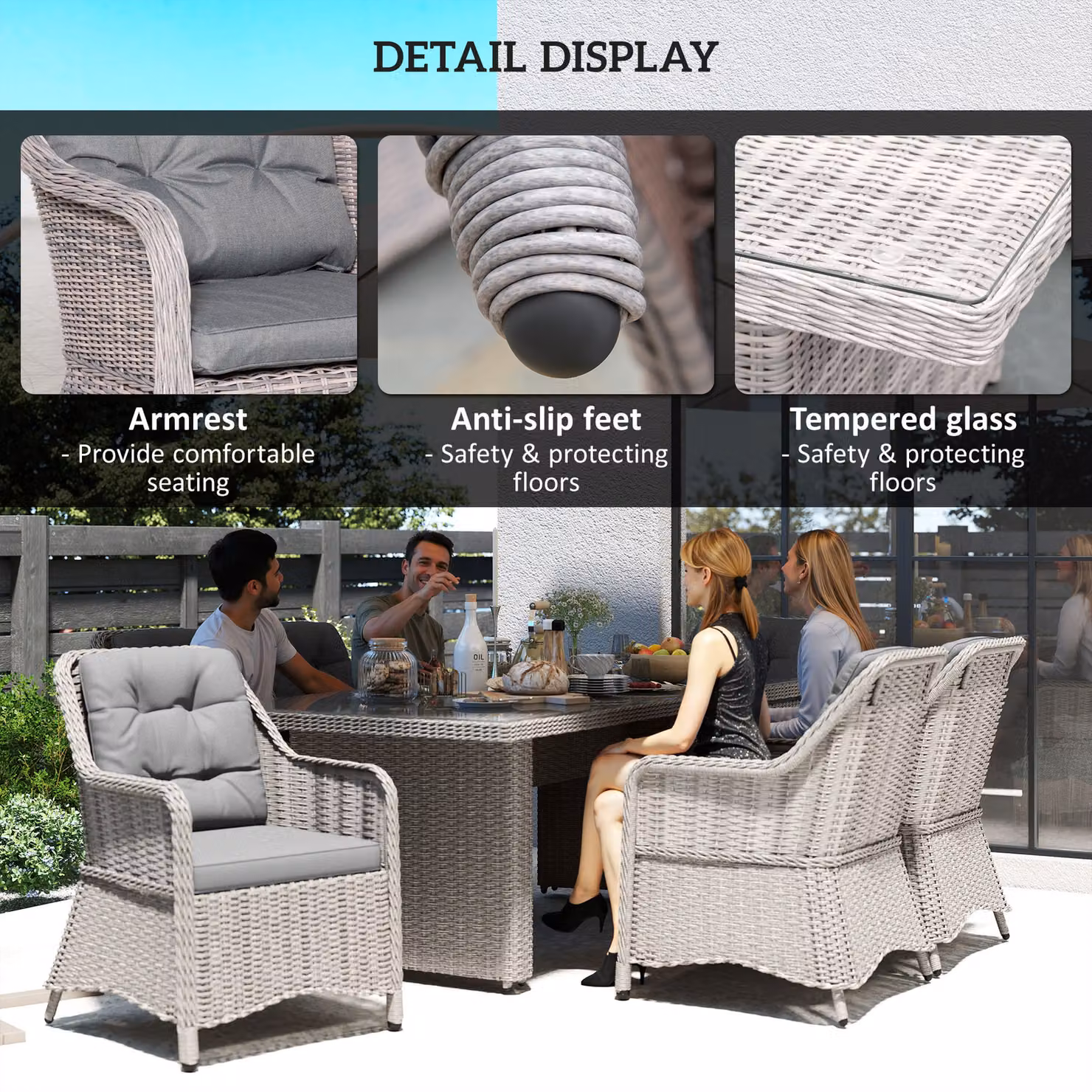 Outsunny 7 Piece Grey PE Rattan Outdoor Dining Set with Powder Coated Aluminium Chairs and Tempered Glass Top Table – 5
