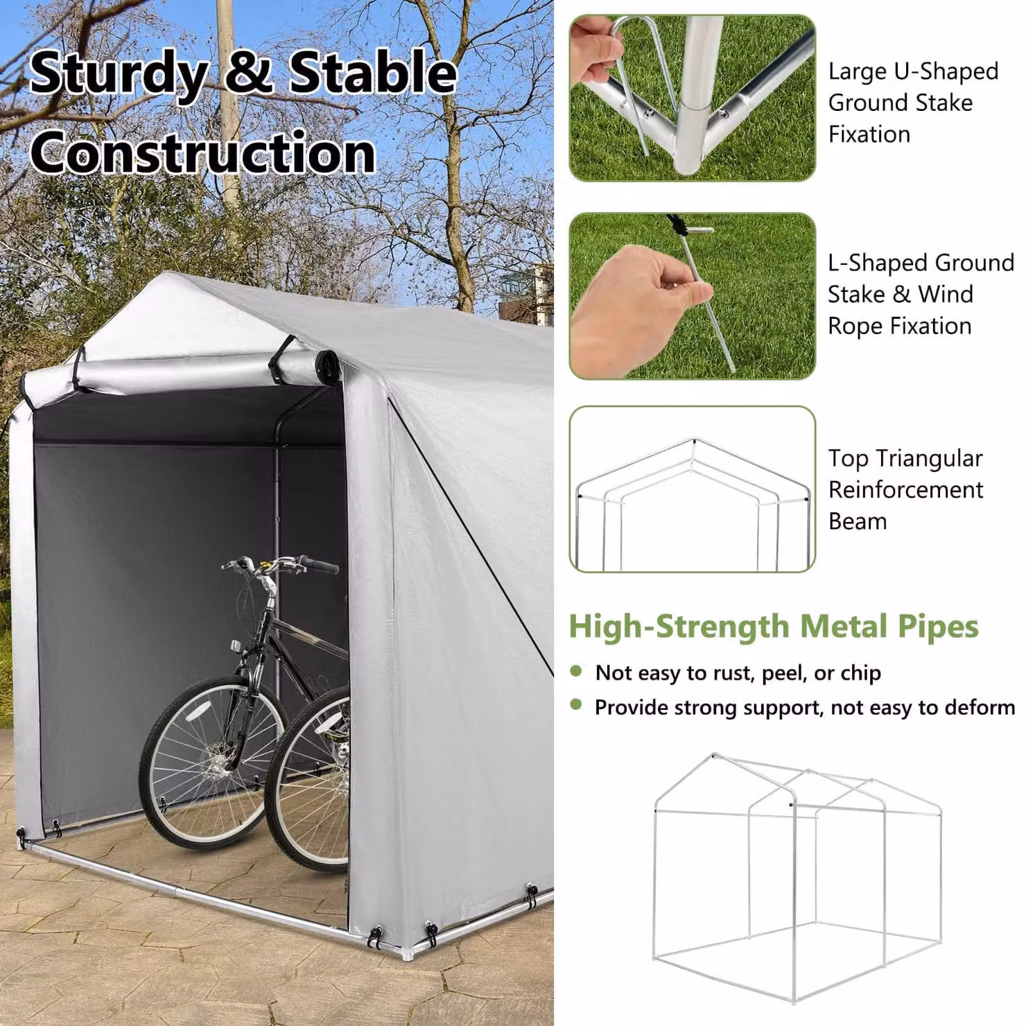 Costway Outdoor Storage Shed in Grey, Galvanised Steel Gable Garage Shelter, W: 160 cm, D: 218 cm, H: 164 cm – 4