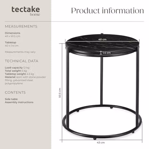 tectake Ellsa Round Side Table in Black with Height-Adjustable Feet, W/D/H: 50.5 x 43.0 x 43.0 cm – 3