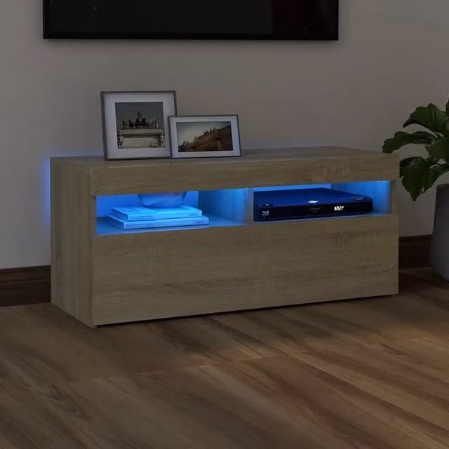 Berkfield Home Modern TV Cabinet with LED Lights in Sonoma Oak Brown, W/D/H: 90 x 35 x 40 cm