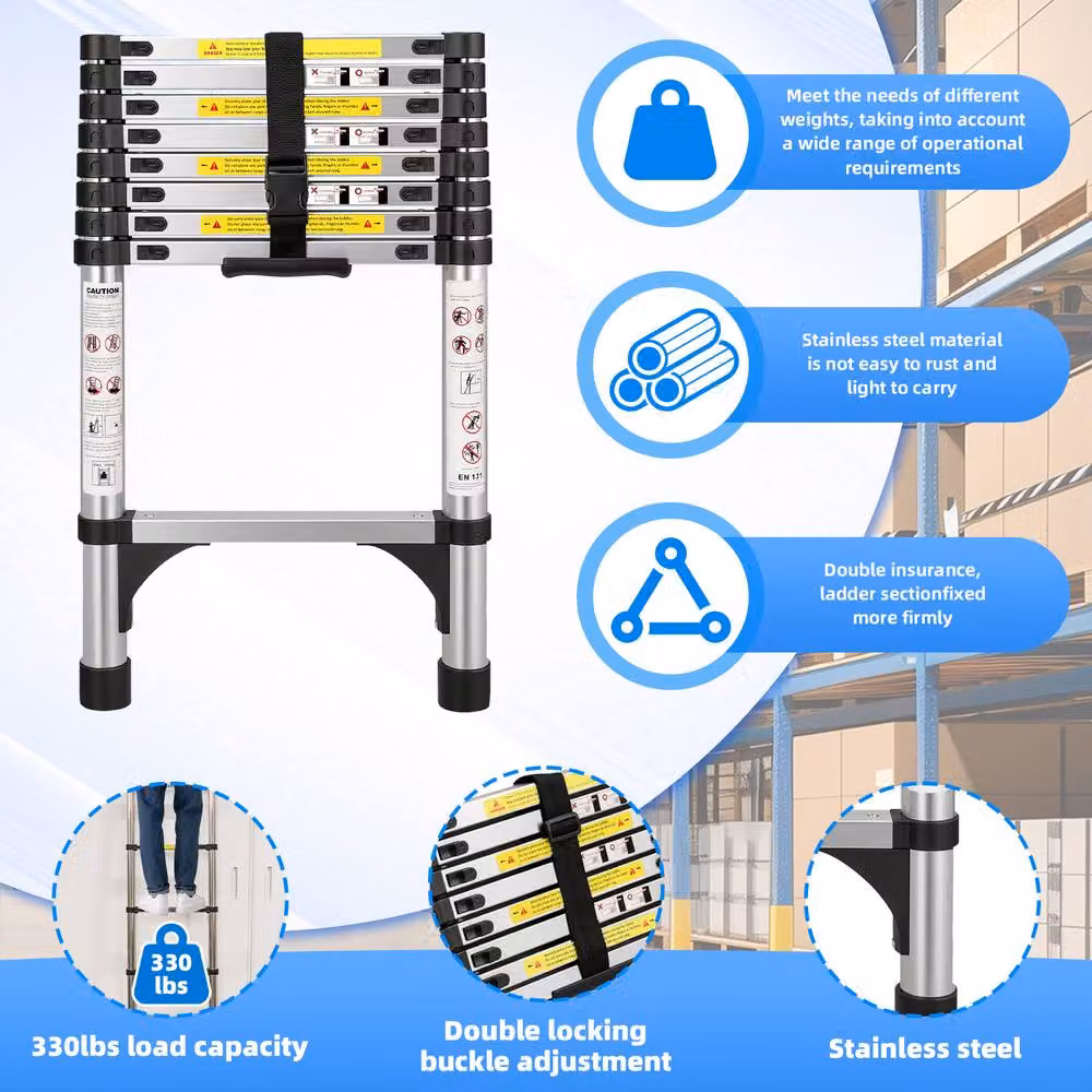 Alivio Heavy Duty Telescopic Extension Ladder, 2.6m, Silver, 150kg Capacity – 6