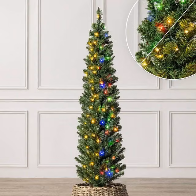 Christow Pre Lit Slim Pencil Christmas Tree with Colour Switch and Timer in Green
