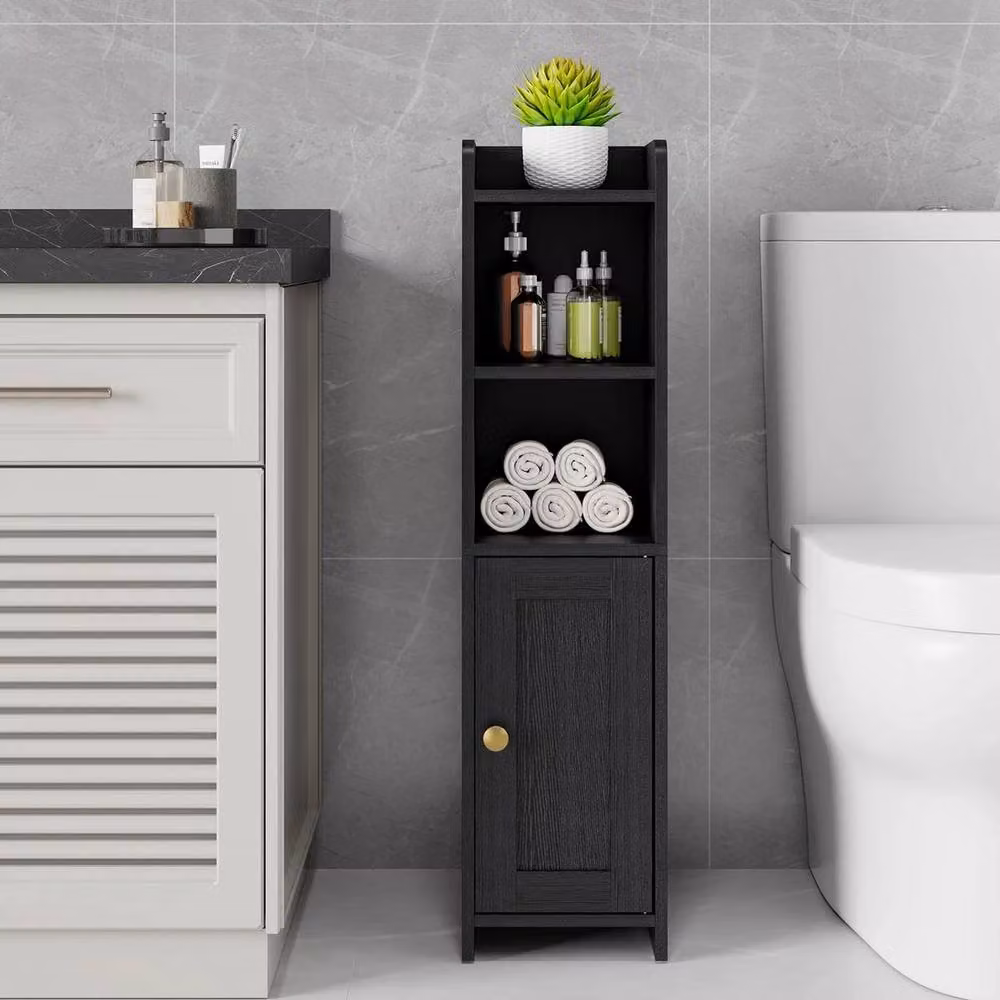 FORGEVIO Small Freestanding Bathroom Floor Cabinet in Black with Hinged Doors and Internal Shelves – 6