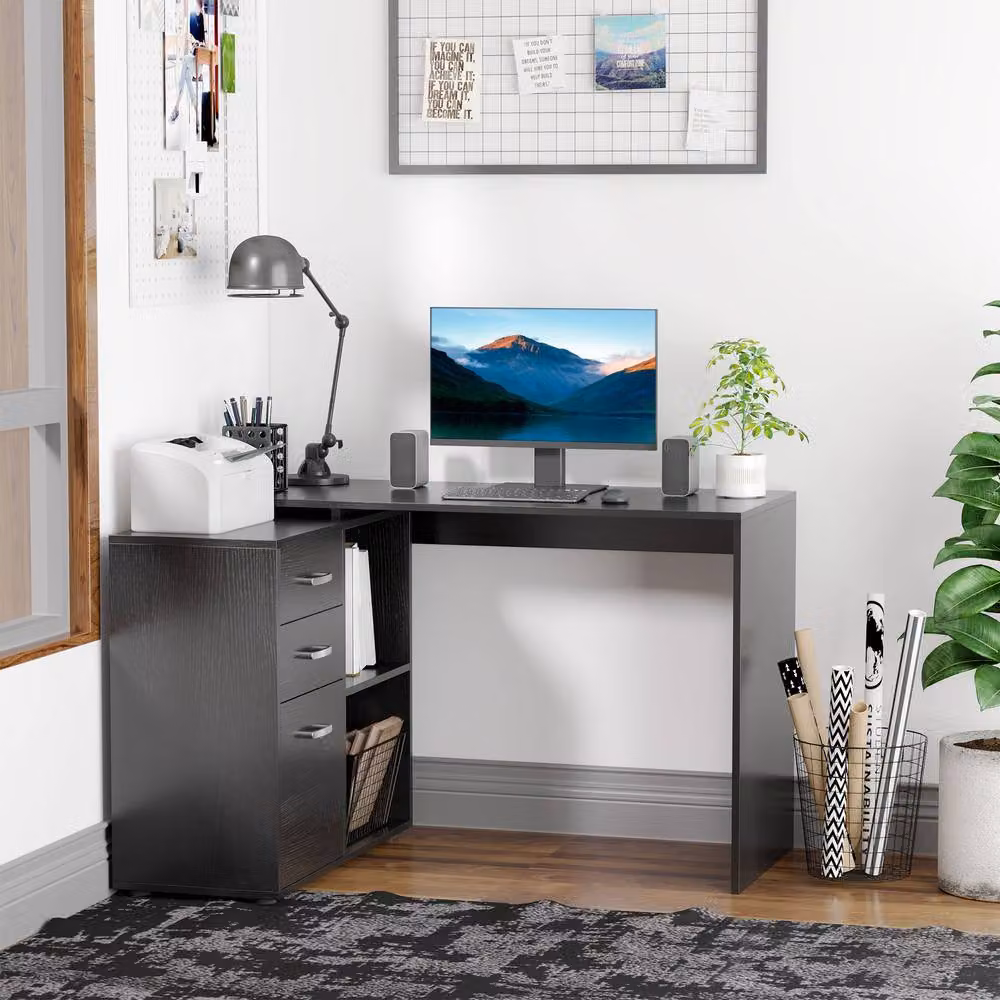 Rolipo Black L-Shaped Corner Computer Desk with Drawers and File Cabinet – 4