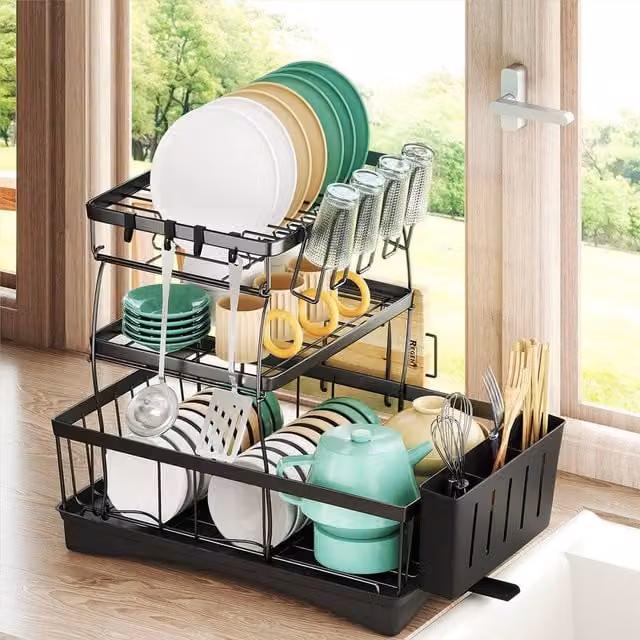 Toque 3 Tier Dish Drying Rack with Drip Tray and Cutlery Holder in Black