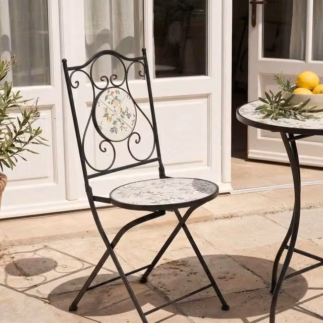 Wyld and Coco Set of 2 Black Mosaic Ceramic and Metal Folding Garden Chairs – 1