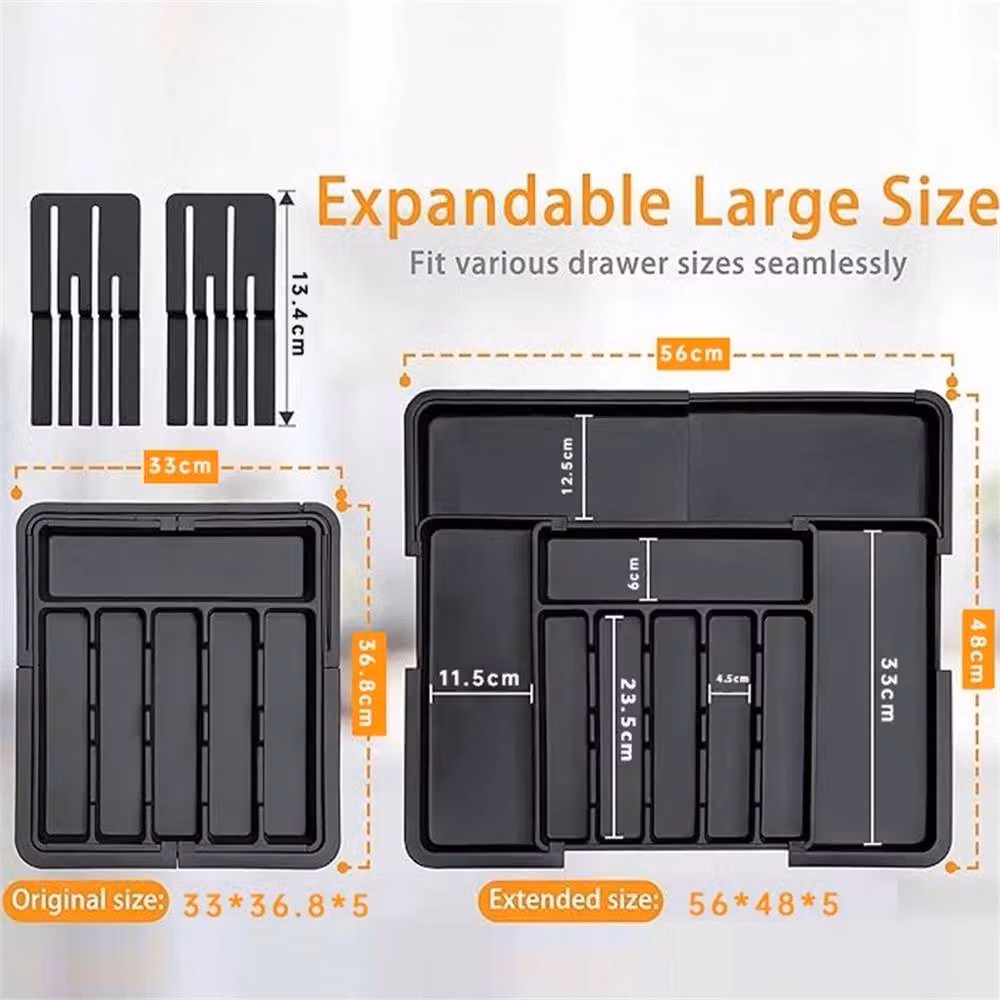 Nordara Adjustable Kitchen Drawer Organizer Tray with Compartments, Black, W: 120 cm, D: 15 cm, H: 15 cm – 2