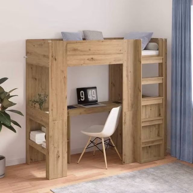 Berkfield Home Loft Bed Frame with Desk and Shelf in Artisan Oak Brown, W/D/H: 190 x 75 x 75 cm