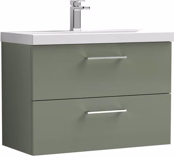 Balterley Modern Wall-Hung 2-Drawer Bathroom Vanity Unit with Basin in Matt Satin Green, Width: 80 cm
