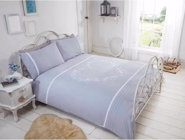 Rapport Home Grey Heart Embroidered Polycotton Duvet Set with Pillowcase