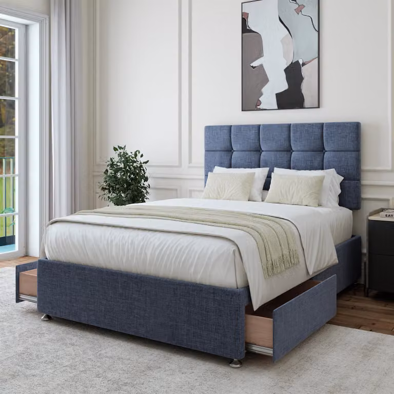 Bedmaster Linen Upholstered Single Divan Base with 2 Drawers and Square Headboard in Black, W/D/H: 90 x 190 x 106 cm