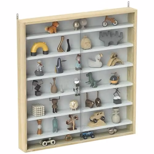 HOMCOM Wall Mounted 7-Tier Display Cabinet with Glass Doors in Oak Brown, W: 80 cm, H: 83 cm – 1