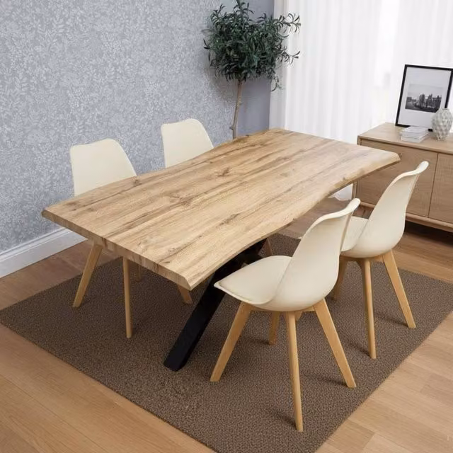 Kosy Koala Modern Dining Set with Rectangular Beech Wood Table and 4 Cream Plastic Chairs with Brown Faux Leather Seats – 1