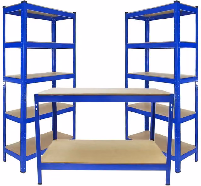 Monstershop T-Rax 2 x Blue and Metal Storage Workbench with Adjustable Shelves, W/D/H: 150 x 75 x 30 cm – 1