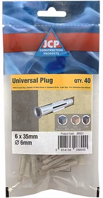 JCP Construction Products Universal Plugs, Grey, 6 x 40 mm, Box of 200