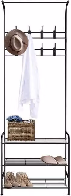 SPETLEK Black Metal Hall Tree with Bench and Coat Stand Shoe Rack, Height: 180 cm, Width: 100 cm, Depth: 18 cm