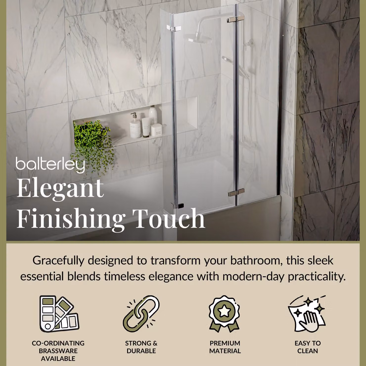 Balterley Reversible L Shaped Double Hinged Bath Screen with 6mm Clear Safety Glass in Silver, W: 80 cm, D: 140 cm – 2