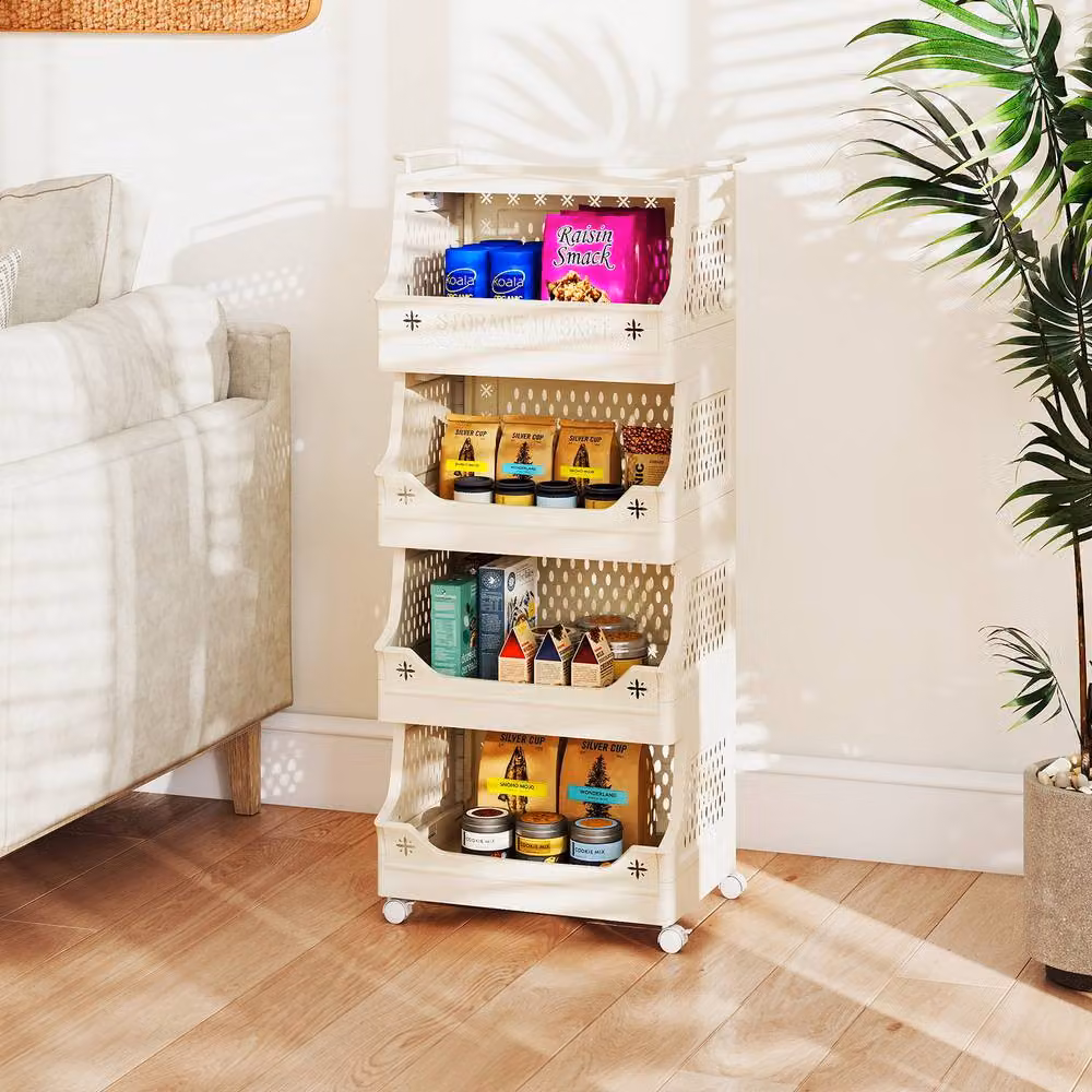 Costway 5-Tier Rolling Laundry Basket and Stackable Plastic Storage Cart with Wheels in Beige – 3