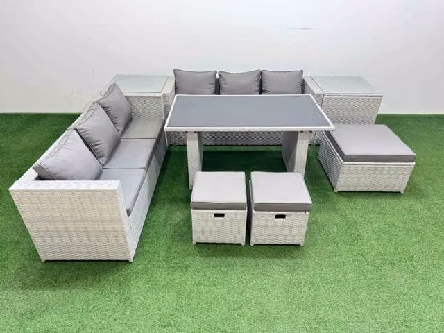 Fimous 9-Seater Patio Rectangular Table Sofa Set with 2 Side Tables and 3 Stools in Light Grey