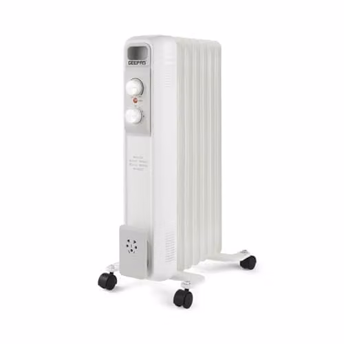 Geepas 1500W White Freestanding Oil Filled Radiator with Thermostat and Overheat Protection – 1
