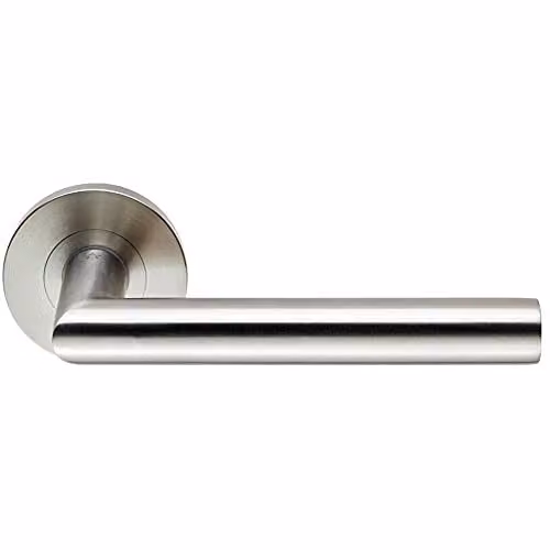 Loops Pair of Round Mitred Bar Safety Handles on Round Rose in Brushed Satin Stainless Steel with Concealed Fixings