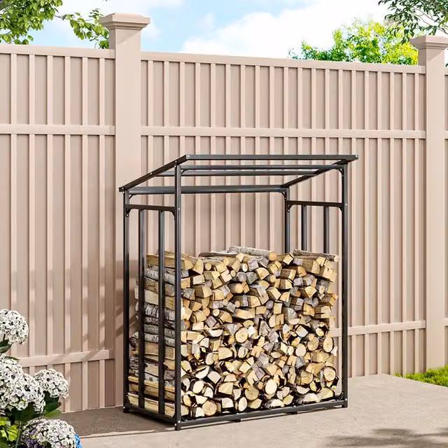 Livingandhome Metal Garden Firewood Rack Storage Shed, Black, W/D/H: 135 x 70 x 165 cm