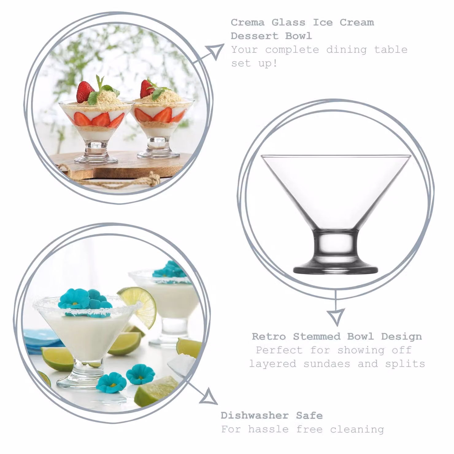 LAV Crema Glass Ice Cream Bowls, Clear, Pack of 6, Diameter: 11 cm – 2