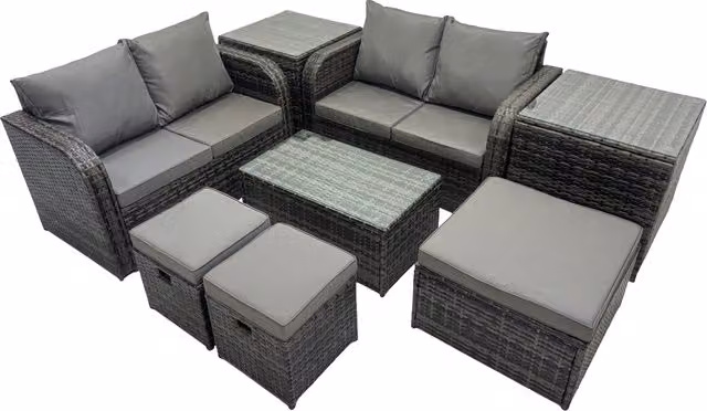 Fimous Modern Rattan Garden Furniture Set in Dark Grey with 2-Seater Sofa, Coffee Table and Ottoman – 1