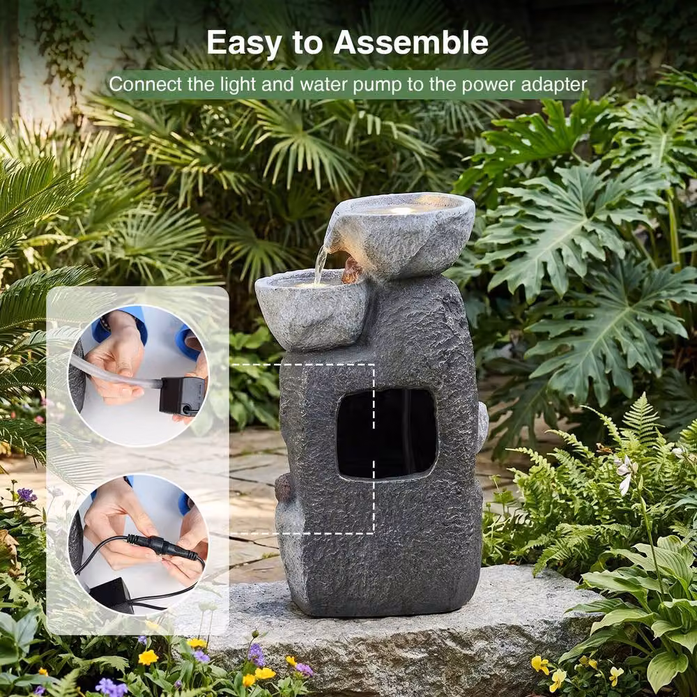 Gymax Grey Tabletop Outdoor Water Fountain with LED Lights and Cascading Round Bowl – 7