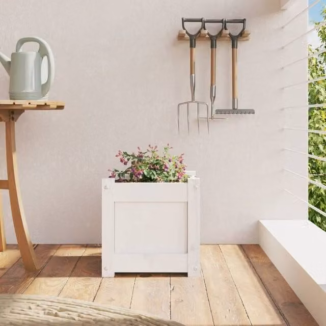 Berkfield Home Beautiful Garden Planter in White Solid Wood, W/D/H: 31 x 31 x 31 cm
