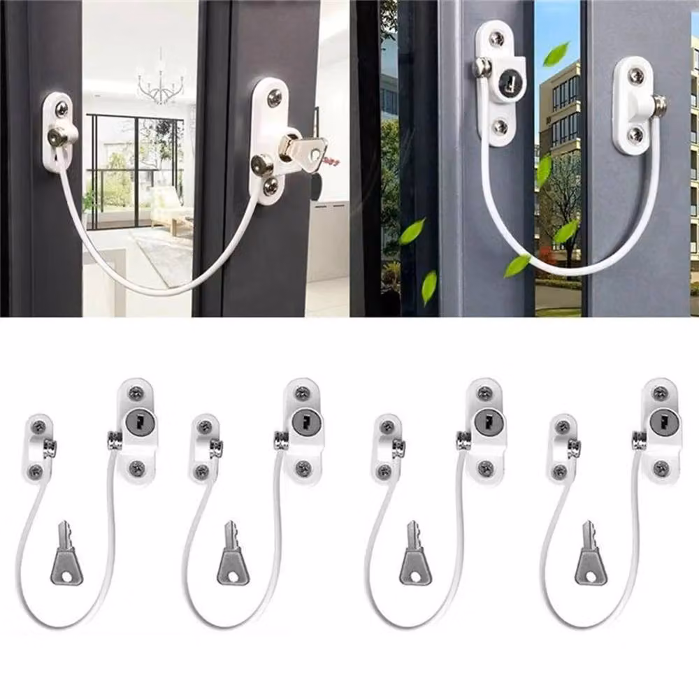 KORVIXA White Stainless Steel Window and Door Restrictor Safety Cable Locks with Screws – 3