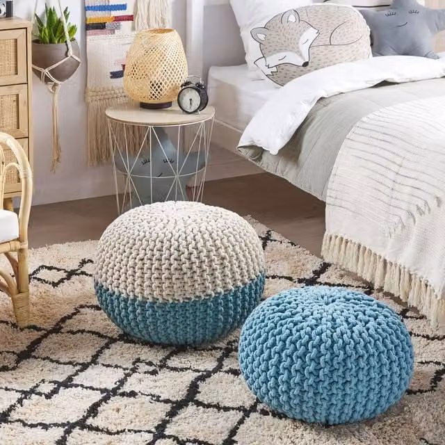 Wyld and Coco Blue Cotton Knit Pouf Ottoman, W/D/H: 40 x 40 x 25 cm – 1