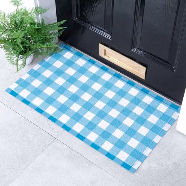 Artsy Mats Blue and White Gingham Doormat, W: 70 cm, D: 40 cm