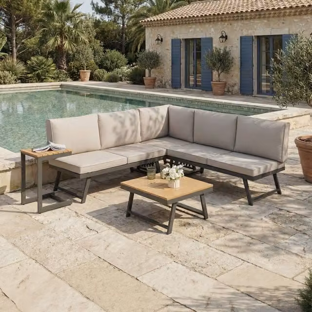 Home Garden Direct Monaco L-Shape Lounge Corner Sofa Set in Grey with Outdoor Coffee Table and Sunbed Function