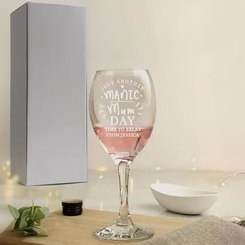 Personalised Memento Company Manic Mum Day Wine Glass in Transparent